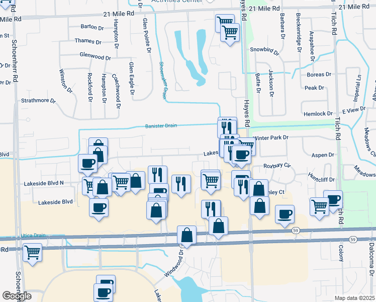 map of restaurants, bars, coffee shops, grocery stores, and more near 14783 Lakeside Boulevard North in Shelby Township