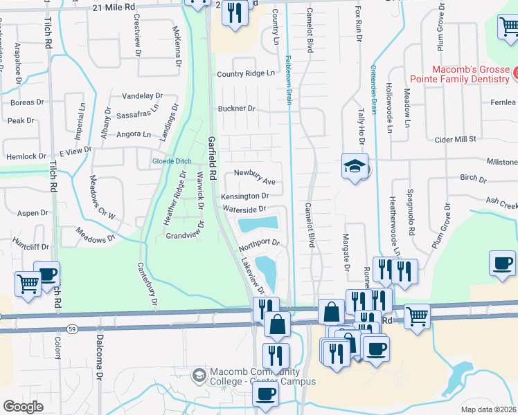 map of restaurants, bars, coffee shops, grocery stores, and more near 83 Waterside Drive in Macomb