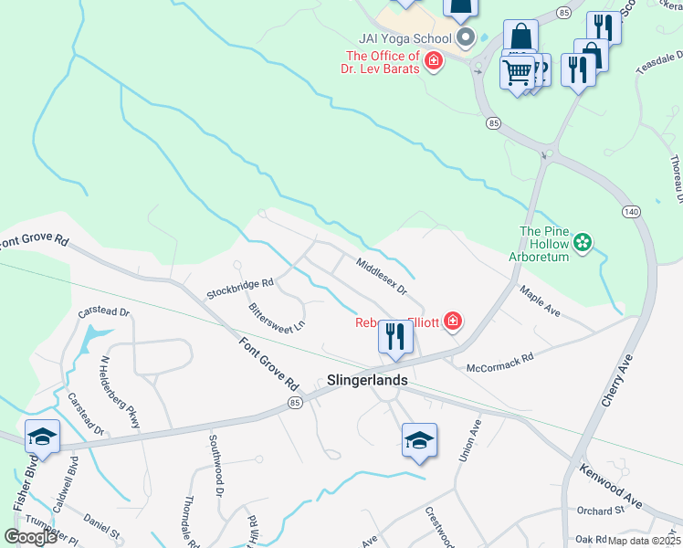 map of restaurants, bars, coffee shops, grocery stores, and more near 61 Surrey Mall in Slingerlands