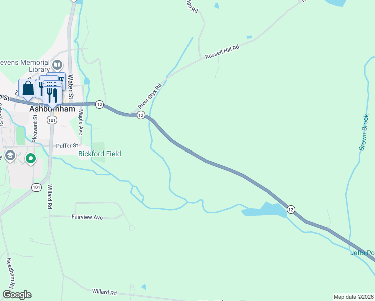 map of restaurants, bars, coffee shops, grocery stores, and more near 42 Fitchburg Road in Ashburnham