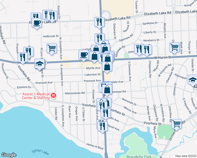 map of restaurants, bars, coffee shops, grocery stores, and more near 924 Premont Avenue in Waterford Township