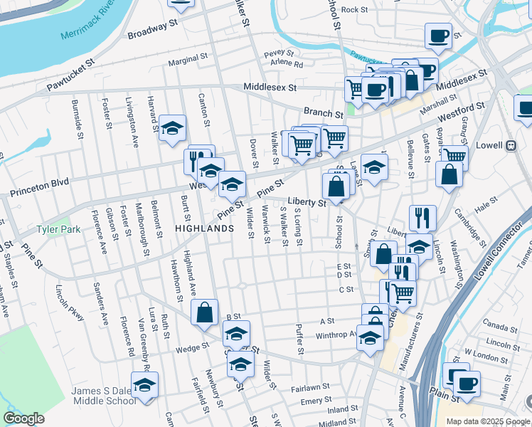 map of restaurants, bars, coffee shops, grocery stores, and more near 24 Warwick Street in Lowell
