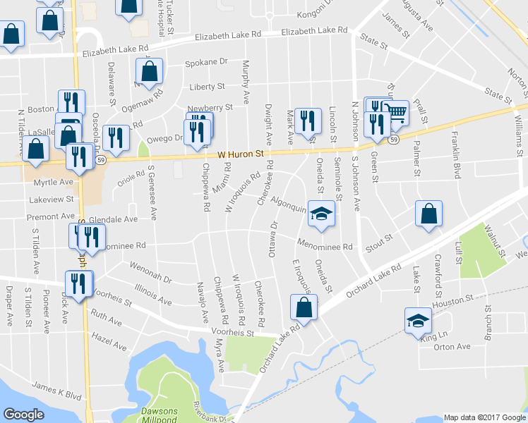 map of restaurants, bars, coffee shops, grocery stores, and more near 93 Cherokee Road in Pontiac