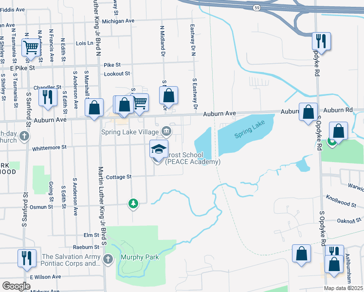 map of restaurants, bars, coffee shops, grocery stores, and more near 225 Carriage Circle Drive in Pontiac