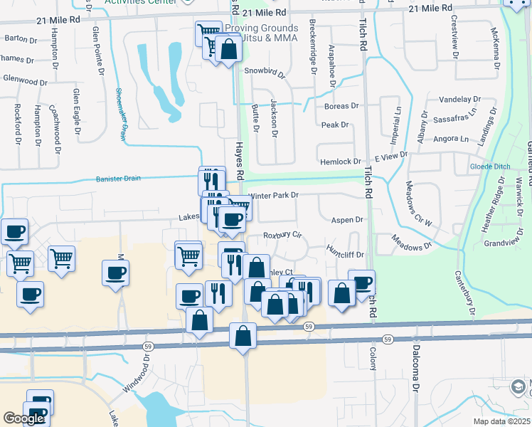 map of restaurants, bars, coffee shops, grocery stores, and more near 45784 Georgetown Drive in Macomb