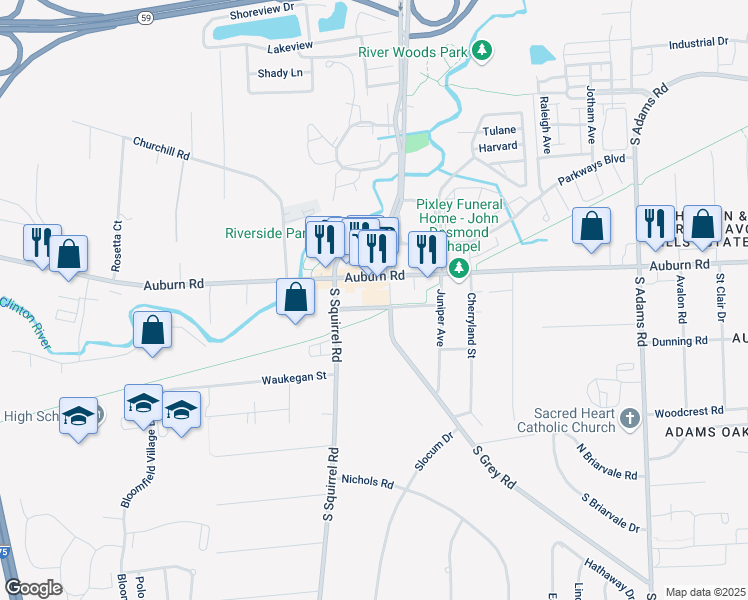 map of restaurants, bars, coffee shops, grocery stores, and more near 3381 Primary Street in Auburn Hills