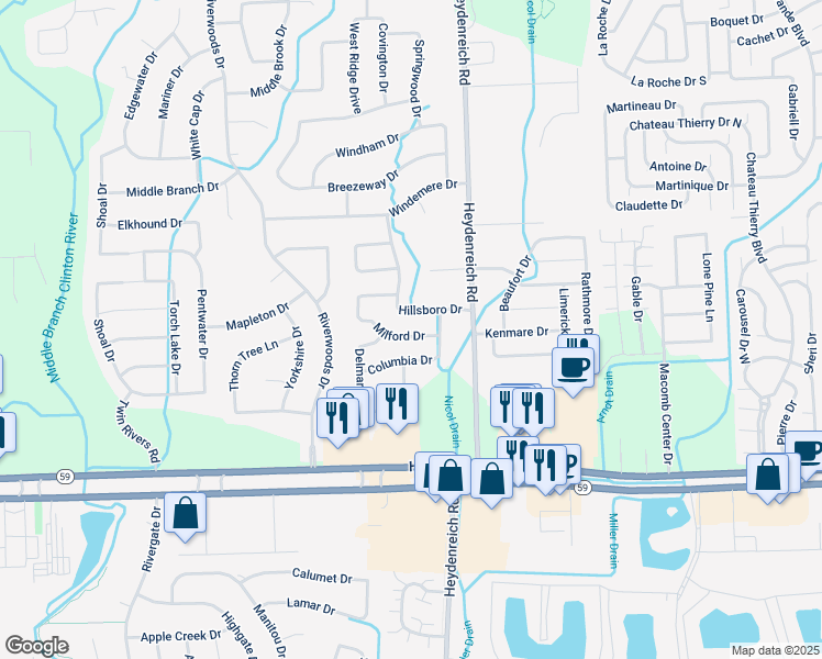 map of restaurants, bars, coffee shops, grocery stores, and more near 20473 Milford Drive in Macomb