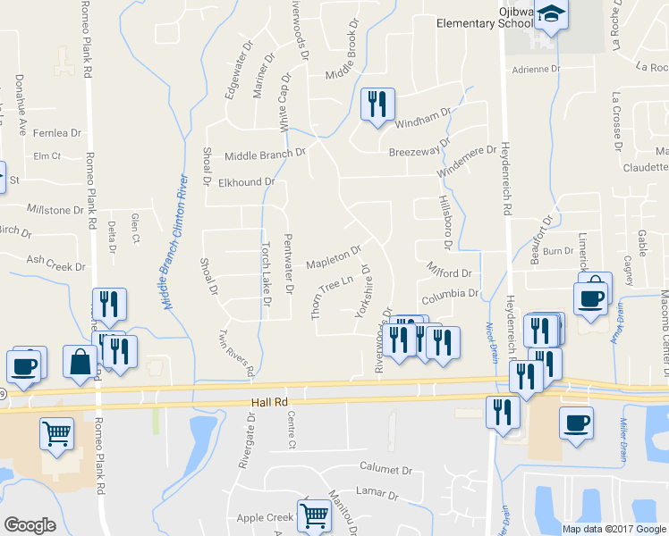 map of restaurants, bars, coffee shops, grocery stores, and more near 19840 Mapleton Drive in Macomb