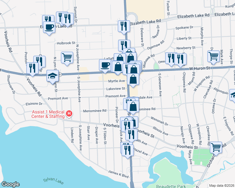 map of restaurants, bars, coffee shops, grocery stores, and more near 924 Premont Avenue in Waterford Township