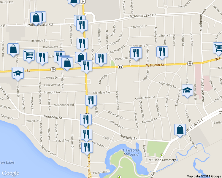 map of restaurants, bars, coffee shops, grocery stores, and more near 30 Rosshire Ct in Pontiac