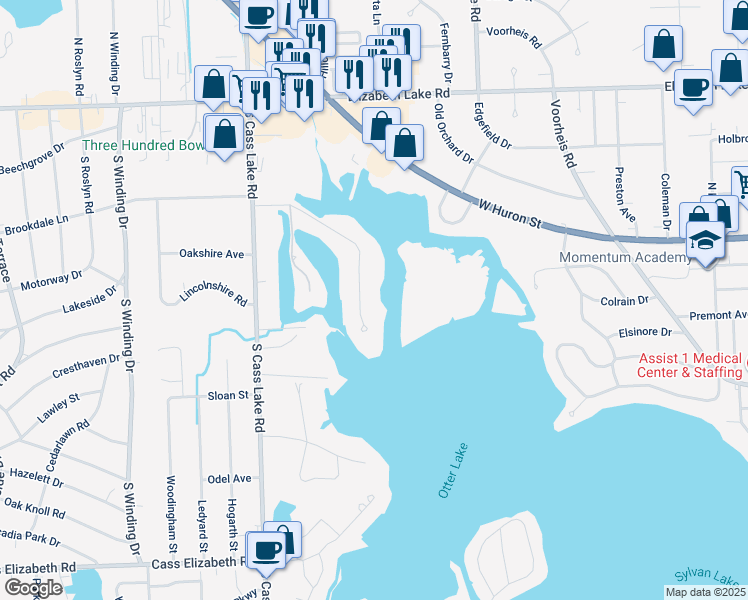 map of restaurants, bars, coffee shops, grocery stores, and more near 449 Beverly Island Drive in Waterford Township