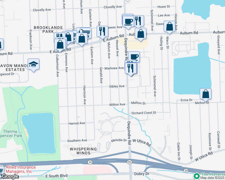 map of restaurants, bars, coffee shops, grocery stores, and more near 3285 Melvin Avenue in Rochester Hills