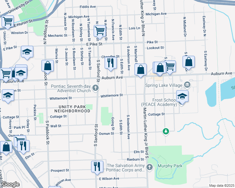 map of restaurants, bars, coffee shops, grocery stores, and more near 183 South Francis Street in Pontiac