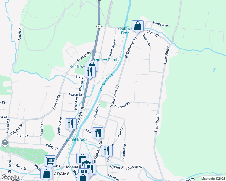 map of restaurants, bars, coffee shops, grocery stores, and more near 104 North Summer Street in Adams