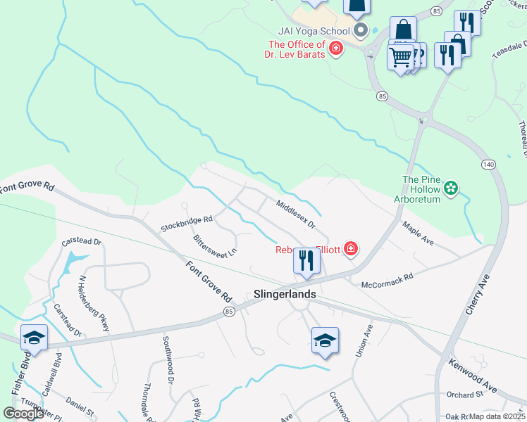 map of restaurants, bars, coffee shops, grocery stores, and more near 61 Surrey Mall in Slingerlands