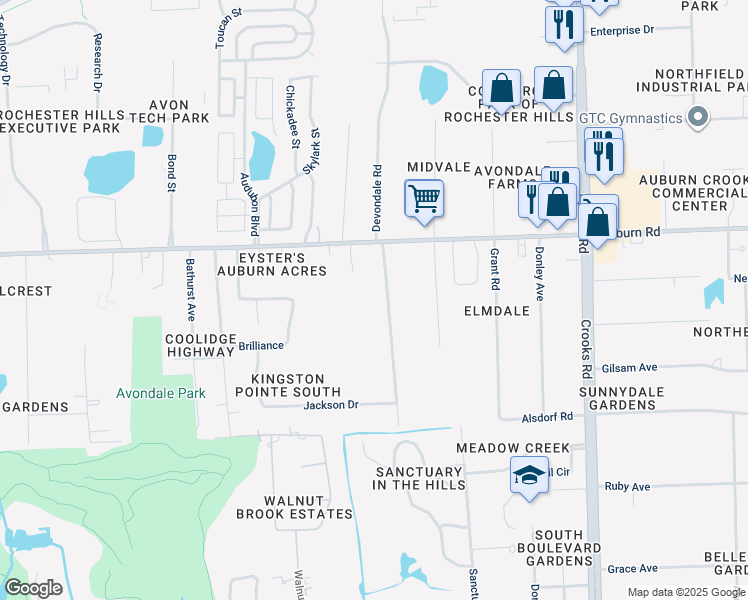 map of restaurants, bars, coffee shops, grocery stores, and more near 3112 Devondale Rd in Rochester Hills