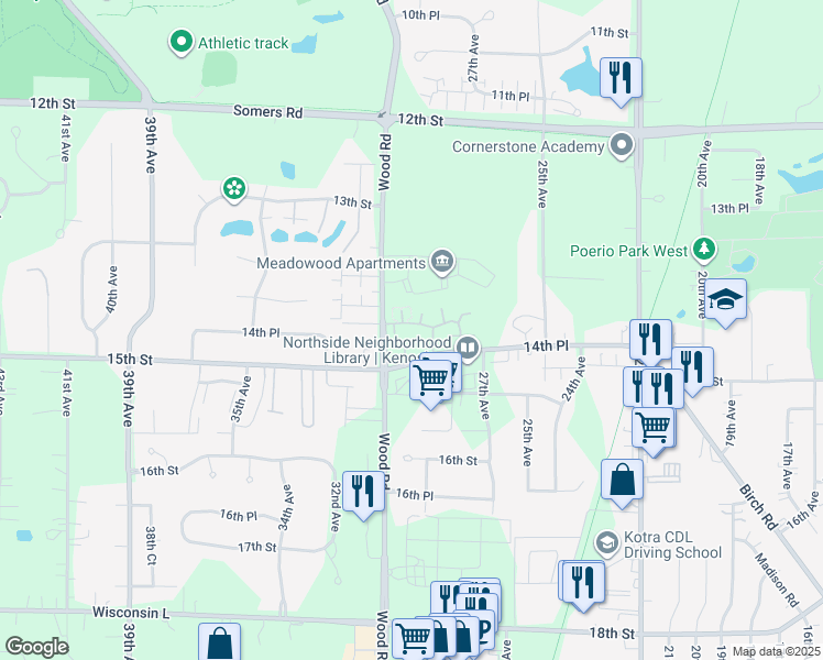 map of restaurants, bars, coffee shops, grocery stores, and more near 1429 30th Avenue in Kenosha