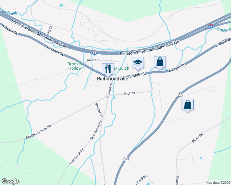 map of restaurants, bars, coffee shops, grocery stores, and more near 111 High Street in Richmondville