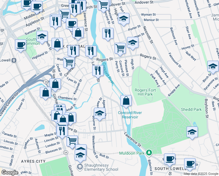 map of restaurants, bars, coffee shops, grocery stores, and more near 674 Lawrence Street in Lowell