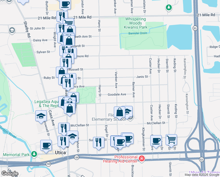 map of restaurants, bars, coffee shops, grocery stores, and more near 8570 Nancy Avenue in Utica