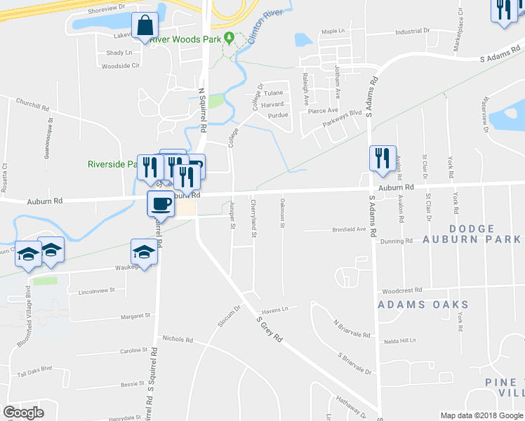 map of restaurants, bars, coffee shops, grocery stores, and more near 51 Cherryland Street in Auburn Hills