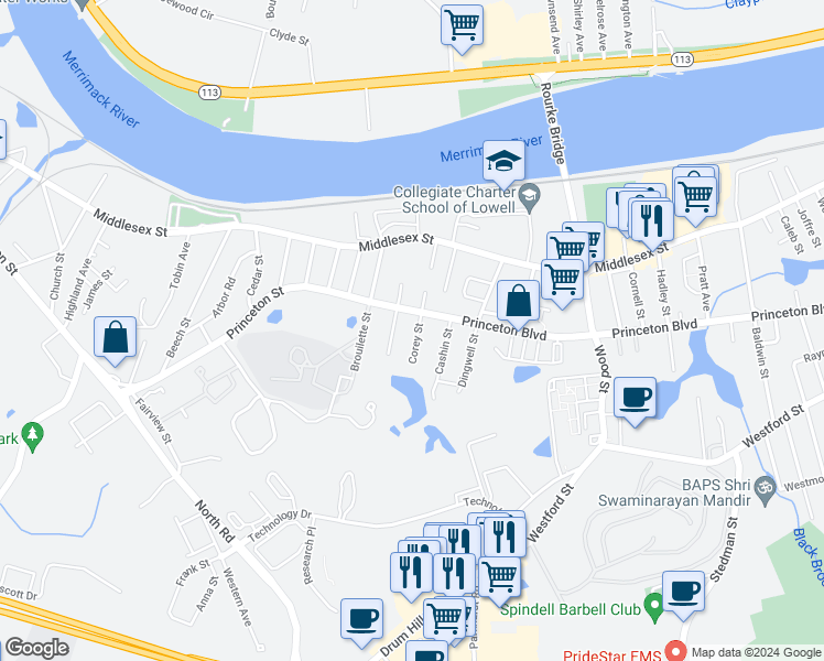 map of restaurants, bars, coffee shops, grocery stores, and more near 95 Corey Street in Lowell