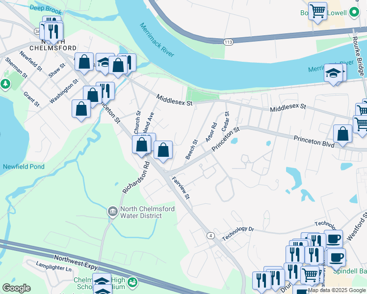 map of restaurants, bars, coffee shops, grocery stores, and more near 18 Beech Street in Chelmsford
