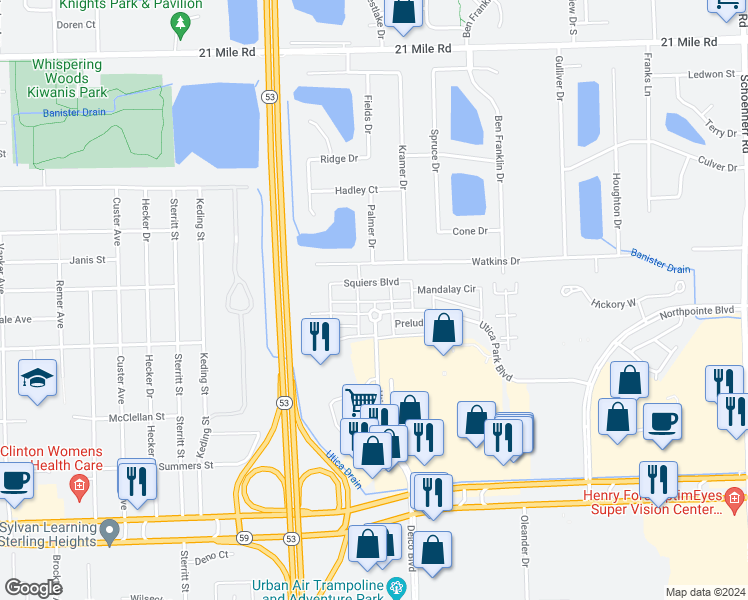 map of restaurants, bars, coffee shops, grocery stores, and more near 45624 Church Street in Utica
