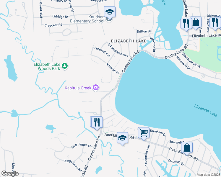 map of restaurants, bars, coffee shops, grocery stores, and more near 5365 Cooley Lake Road in Waterford Township