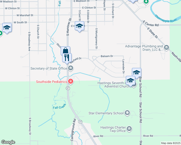 map of restaurants, bars, coffee shops, grocery stores, and more near 840 Barfield Drive in Hastings