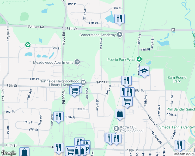 map of restaurants, bars, coffee shops, grocery stores, and more near 2512 14th Place in Kenosha