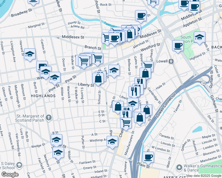 map of restaurants, bars, coffee shops, grocery stores, and more near 111 Liberty Street in Lowell