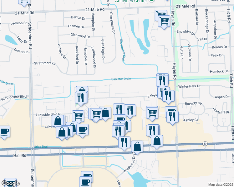 map of restaurants, bars, coffee shops, grocery stores, and more near 14667 Valenti Lane in Macomb County