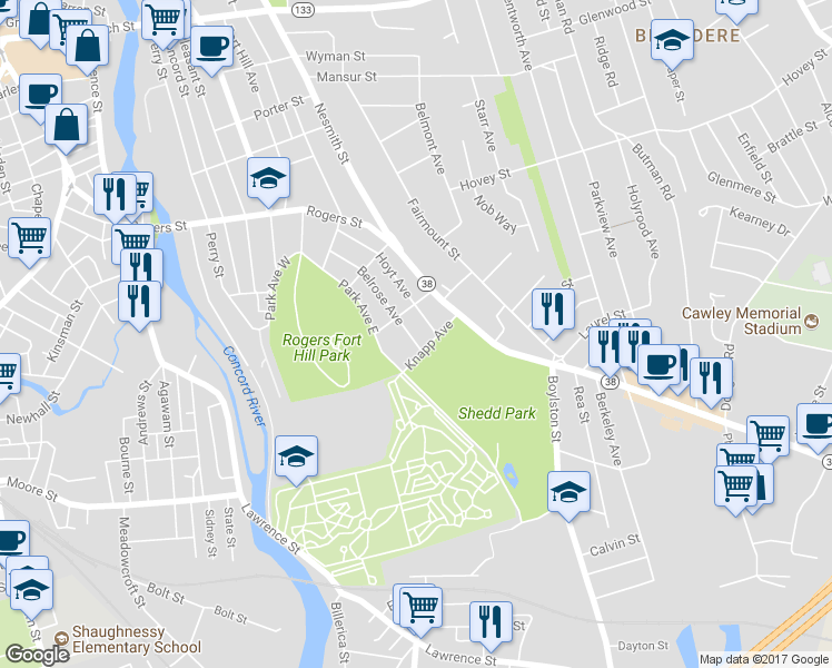 map of restaurants, bars, coffee shops, grocery stores, and more near 124 Belrose Avenue in Lowell