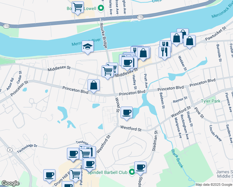 map of restaurants, bars, coffee shops, grocery stores, and more near 657 Princeton Boulevard in Lowell