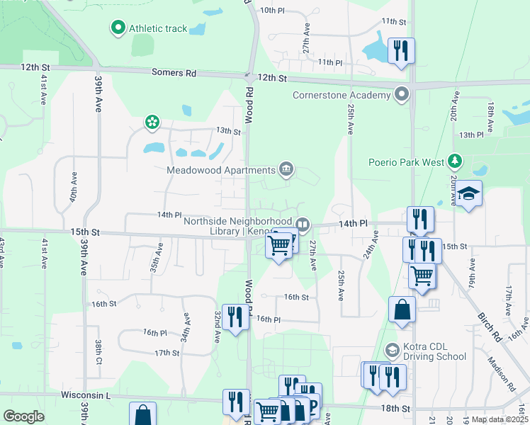 map of restaurants, bars, coffee shops, grocery stores, and more near 1429 30th Avenue in Kenosha
