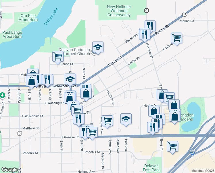 map of restaurants, bars, coffee shops, grocery stores, and more near 107 North Harrison Street in Delavan