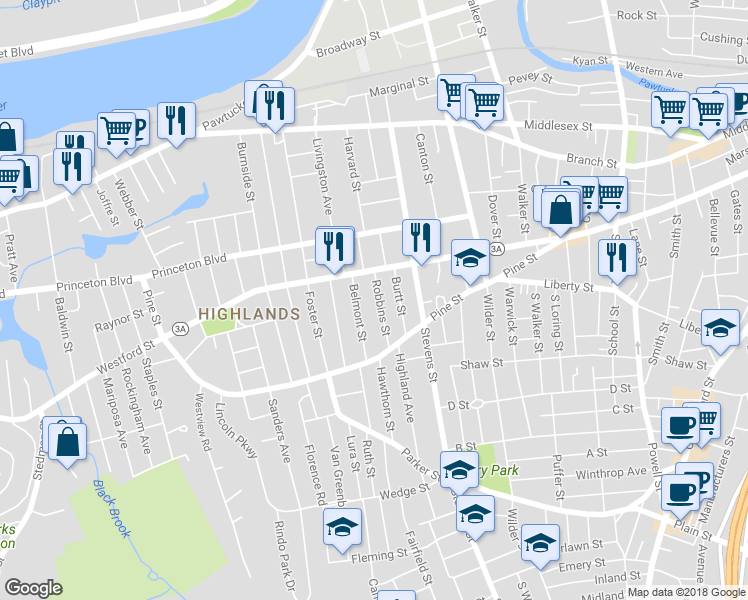 map of restaurants, bars, coffee shops, grocery stores, and more near 31 Robbins Street in Lowell