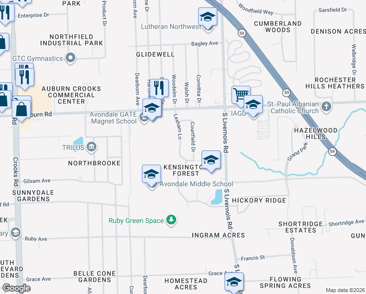 map of restaurants, bars, coffee shops, grocery stores, and more near 3127 Lexham Lane in Rochester Hills