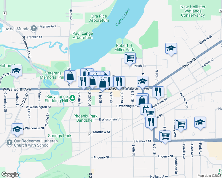 map of restaurants, bars, coffee shops, grocery stores, and more near East Walworth Avenue in Delavan