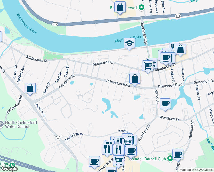 map of restaurants, bars, coffee shops, grocery stores, and more near 95 Corey Street in Lowell