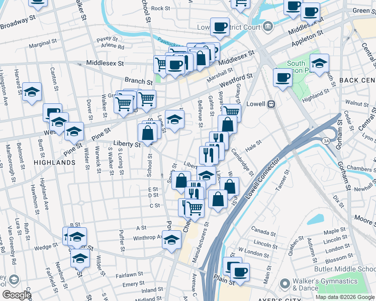map of restaurants, bars, coffee shops, grocery stores, and more near 28 Barclay Street in Lowell