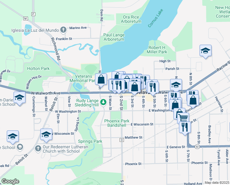 map of restaurants, bars, coffee shops, grocery stores, and more near 61-65 East Walworth Avenue in Delavan