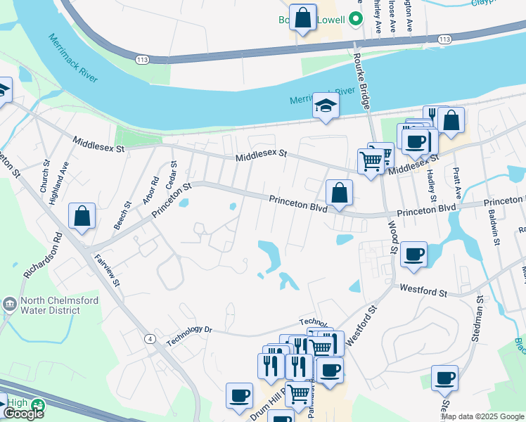 map of restaurants, bars, coffee shops, grocery stores, and more near 95 Corey Street in Lowell