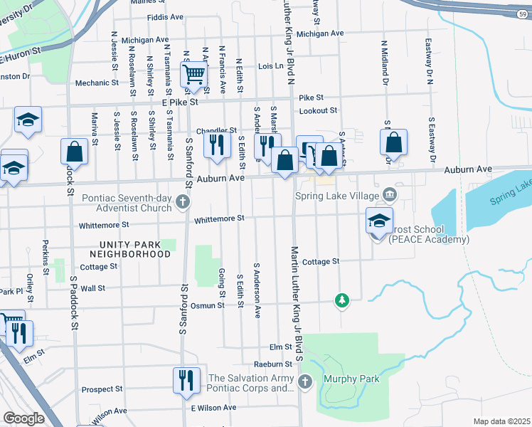 map of restaurants, bars, coffee shops, grocery stores, and more near 531 Whittemore Street in Pontiac