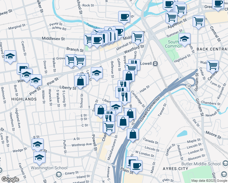 map of restaurants, bars, coffee shops, grocery stores, and more near 126 Bellevue St in Lowell