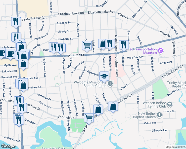map of restaurants, bars, coffee shops, grocery stores, and more near 109 Ottawa Dr in Pontiac