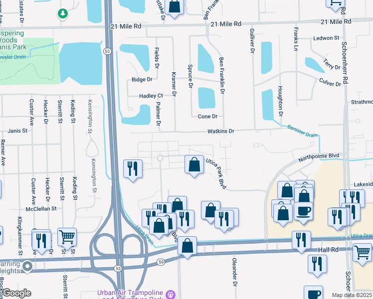 map of restaurants, bars, coffee shops, grocery stores, and more near 45627 Mandalay Circle in Utica
