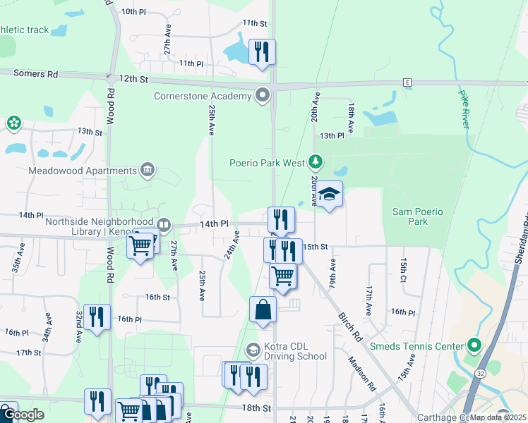 map of restaurants, bars, coffee shops, grocery stores, and more near 2300 14th Place in Kenosha