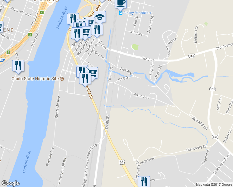map of restaurants, bars, coffee shops, grocery stores, and more near 32 Spruce Street in Rensselaer